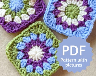 Sunburst Crochet Granny Square Pattern PDF, Beginner Friendly Crochet Pattern with Step by Step Picture Tutorial, 6 Page Instant Download
