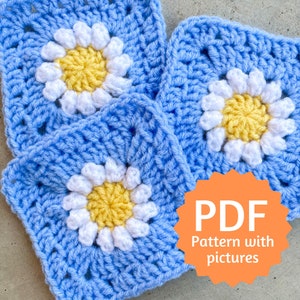 Daisy Crochet Granny Square Pattern PDF, Easy Daisy Crochet Pattern with Step-by-Step Picture Tutorial, 8 Page Instant Download In English