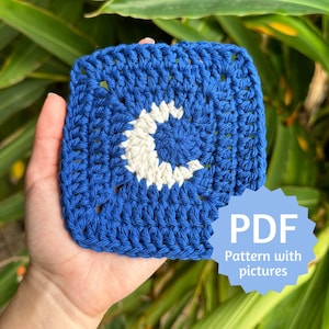 Moon Granny Square Pattern PDF, Easy Crochet Pattern with Step by Step Picture Tutorial for Beginners, 10 Page Instant Download