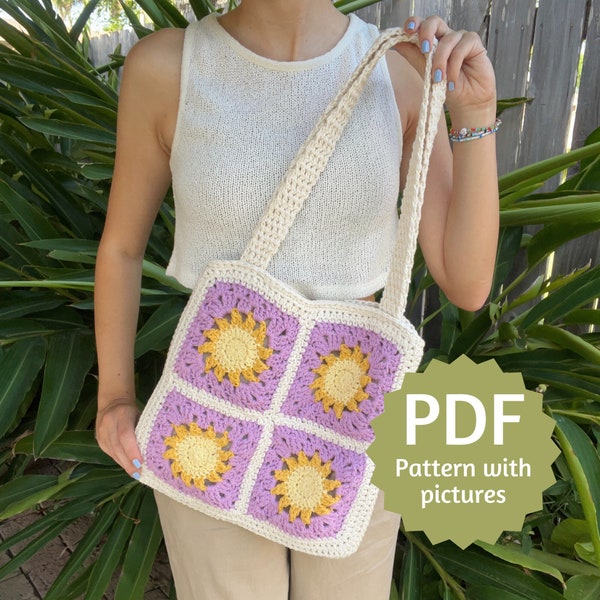 Sun Grandma Square Tote Bag Patroon PDF, Eenvoudig haakpatroon met stapsgewijze foto-tutorial, 20 pagina's direct downloaden in het Engels