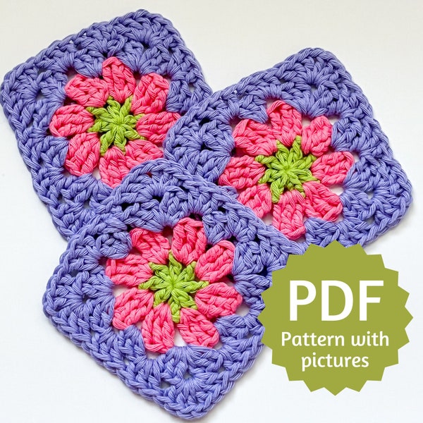 Crochet Flower Grandma Square PDF Pattern, Floral Grandma Square, Crochet Pattern with Pictures, Crochet Pattern For Beginners