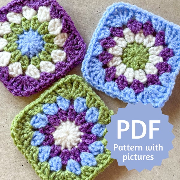 Sunburst Crochet Grandma Square Pattern PDF, Modèle de crochet convivial pour les débutants avec tutoriel d'image étape par étape, Téléchargement instantané de 6 pages