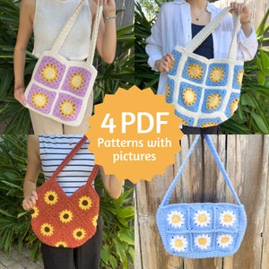 Crochet Granny Square Bag Pattern PDF Bundle, Easy Crochet Patterns with Step by Step Picture Tutorial for Beginners
