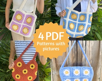 Crochet Granny Square Bag Pattern PDF Bundle, Easy Crochet Patterns with Step by Step Picture Tutorial for Beginners