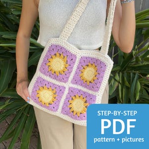 Sun Granny Square Tote Bag Pattern PDF, Easy Crochet Pattern with Step by Step Picture Tutorial, 20 Page Instant Download in English