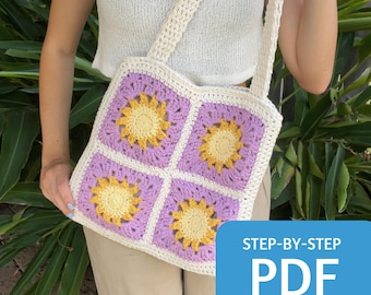 Sun Granny Square Tote Bag Pattern PDF, Easy Crochet Pattern with Step by Step Picture Tutorial, 20 Page Instant Download in English