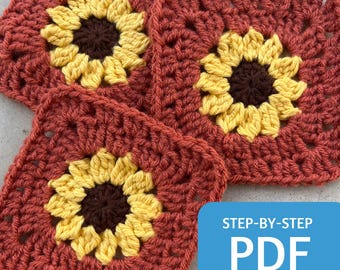 Sunflower Crochet Granny Square Pattern, Photo Tutorial (PDF Download)