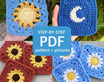Crochet Granny Square Pattern PDF Bundle, Sun, Moon, Sunflower, Daisy (Digital Download)