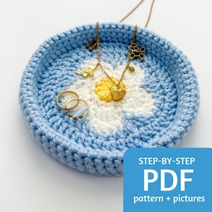Crochet Flower Trinket Tray Pattern PDF, Jewelry Tray Pattern with Step by Step Picture Tutorial for Beginners, 13 Page Instant Download