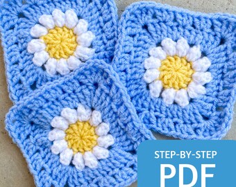 Daisy Crochet Granny Square Pattern, Easy Step-by-Step Tutorial (PDF Download)