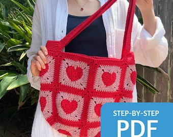 Heart Granny Square Crochet Tote Bag Pattern, Easy Step-by-Step (PDF)