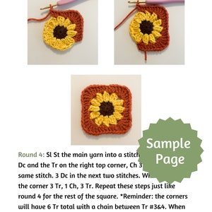 May include: A crochet sunflower square pattern with instructions for round 4. The square is made with orange, yellow, and brown yarn. The instructions include a reminder about the corners and how to fasten off.