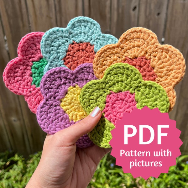 Flower Crochet Coaster Pattern PDF with Step by Step Picture, Crochet Daisy Coaster, Crochet Pattern For Beginners, How to Crochet