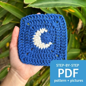 Moon Granny Square Pattern PDF, Easy Crochet Pattern with Step by Step Picture Tutorial for Beginners, 10 Page Instant Download