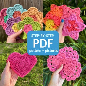 Könnte beinhalten: Ein Set mit Häkelanleitungen für verschiedene Formen, darunter Blumen, Sterne, Herzen und Kreise. Die Anleitungen sind als Schritt-für-Schritt-PDF-Download erhältlich, mit Anweisungen und Bildern.  "STEP-BY-STEP PDF pattern + pictures"