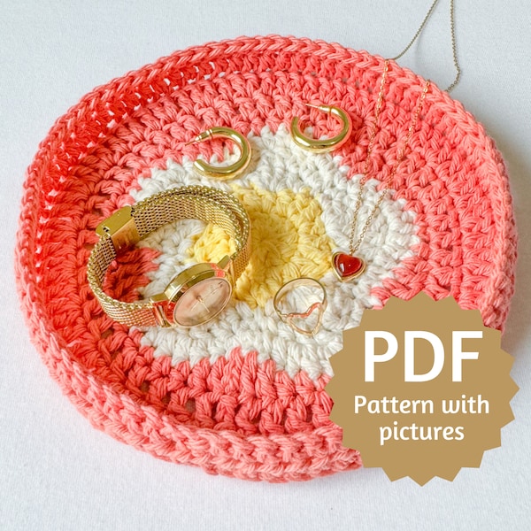 Crochet Flower Trinket Tray Pattern PDF, Trinket Dish Pattern with Step by Step Picture Tutorial for Beginners, 12 Page Instant Download