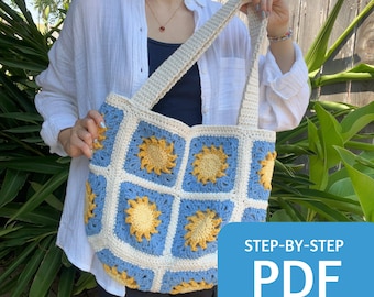 Sunny Days Granny Square Tote Bag Pattern PDF, Easy Crochet Pattern with Step by Step Picture Tutorial, 19 Page Instant Download in English