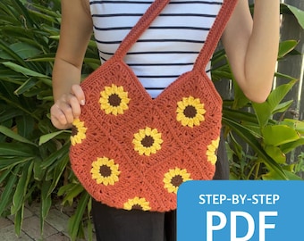 Patrón de bolso cuadrado de abuela de ganchillo con girasoles, tutorial fotográfico (descarga en PDF)