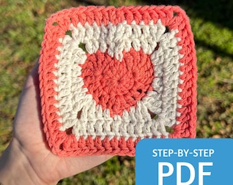 Heart Granny Square Pattern PDF, Easy Crochet Pattern with Step by Step Picture Tutorial for Beginners, 12 Page Instant Download