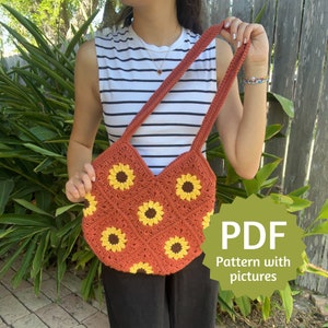 Sunflower Crochet Granny Square Pattern PDF, Easy Crochet Pattern with Step by Step Picture Tutorial, 10 Page Instant Download in English