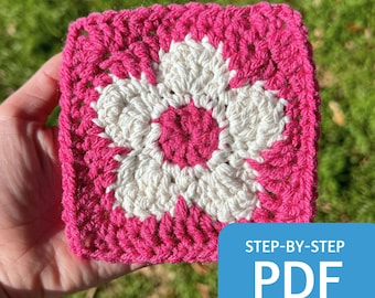 Flower Square Pattern PDF, Easy Crochet Pattern with Step by Step Picture Tutorial for Beginners, 12 Page Instant Download