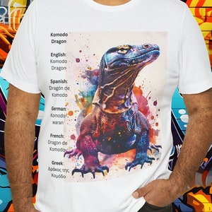Multilingual Komodo Dragon Colorful Tee - Eco-Friendly Unisex Cotton Shirt for All