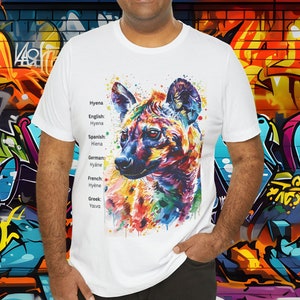 Psychedelisches Hyäne-T-Shirt - Lebendiges Kunstwerk & mehrsprachiges Design, Unisex-Baumwoll-T-Shirt - Wildlife Series