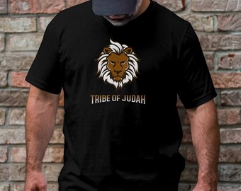 May include: A black t-shirt with a brown lion head graphic and the text "TRIBE OF JUDAH" in gold lettering.