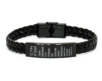 May include: Black braided leather bracelet with a rectangular metal plate. The plate is engraved with "12 Tribes of Israel" and the names of the tribes. The bracelet has a black metal clasp.