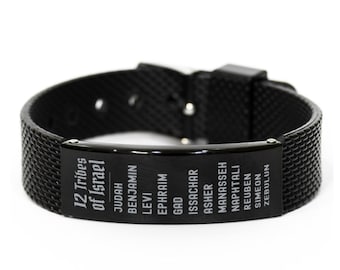 May include: Black mesh bracelet with a rectangular plate featuring the text "12 Tribes of Israel" and the names of the tribes. The bracelet has a buckle closure.
