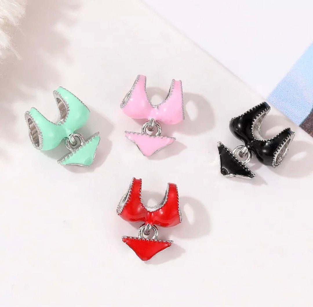 Red Black Pink Enamel Bikini Bathing Suit, Dangle Dangler Charm, Charm