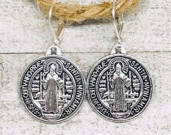 1 Pair St Saint Benedict Dangle 925 Silver Earrings, St Benedict Earrings, Religious Earrings, Religious Jewelry