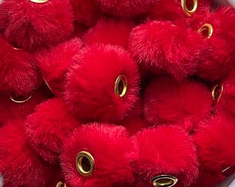 Red Set of 5pcs Fuzzy Spacer Beads, Pom Pom Beads, for Necklace, Pen, Keychain, DIY, 20mm, Faux Fur Big Hole Spacers,