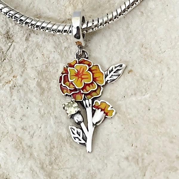 Marigold Charm, Charm for Charm Bracelet, Marigold Jewelry, Flower Charm, Orange Flower Charm, Flower Jewelry, October Flower Charm, S925 Si