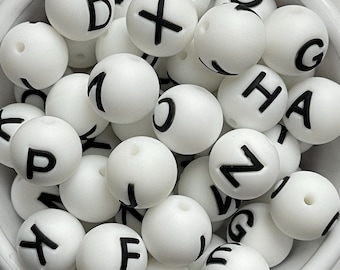 15mm Alphabet Letter Initial Silicone Focal Bead, White Color for Pen Keychain DIY, 1 Piece,