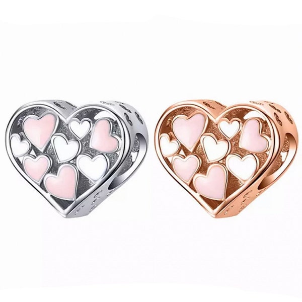 Silver or Rose Gold Pink White Hearts Rhinestones Charm, Charm for Charm Bracelet, Heart Charm, Heart Jewelry