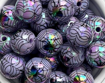 5pcs Purple Iridescent Halloween Bead with Black Spider, Acrylic Beads, for Necklace, Pen, Keychain, DIY, 16mm Bead,