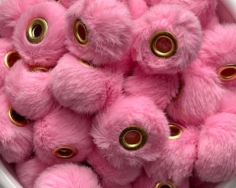 Pink Set of 5pcs Fuzzy Spacer Beads, Pom Pom Beads, for Necklace, Pen, Keychain, DIY, 20mm, Faux Fur Big Hole Spacers, Pink Color