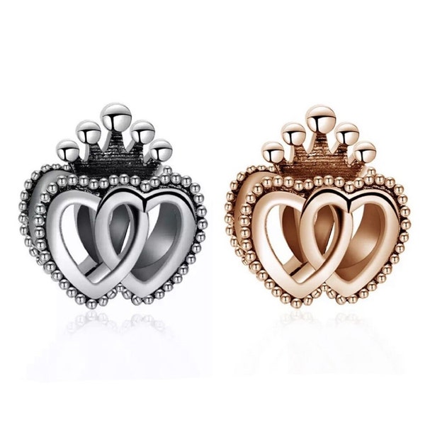 Silver or Rose Gold Double Heart Crown Charm Bead, Charm for Charm Bracelet, Crown Charm, Crown Jewelry