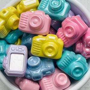May include: A bowl filled with colorful camera-shaped beads. The beads are made of ceramic and come in shades of pink, blue, yellow, and purple.