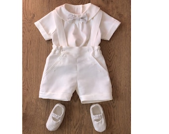 Christening suit ring bearer tight suit linen 3 pcs also white christening wedding TINO