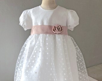 Baptism dress party dress girls white linen spring summer puff sleeves short or long sleeves lace CHARLOTTE