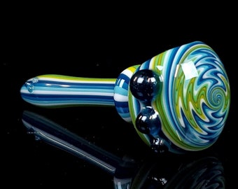 Wig Wag Spoon Glass Pipe Trippy Heady Full Linework (Green - Blue - White - Heavy Blue Stardust (Sparkle))