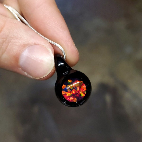 Hand Blown Medium Opal Pendant Encased in Borosilicate Glass with Silver Chain Necklace (Multicolored Opal Coin - Galaxy Black Sparkle)