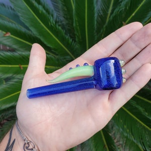 Dichro (Dichroic) Unique Heady Horned Glass Poker Pipe (Blue Dichro Over Cobalt Blue with Green Slime Accents)