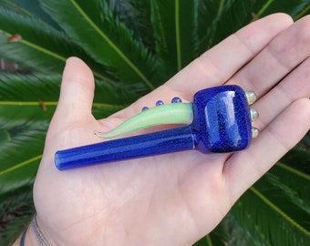 Dichro (Dichroic) Unique Heady Horned Glass Poker Pipe (Blue Dichro Over Cobalt Blue with Green Slime Accents)