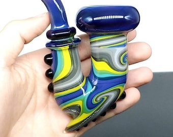 Unique Linework Sherlock Heady Glass Pipe Wig Wag (Blue - Yellow - Grey - Green - Sparkle Silver - Purple - Fumey Blue/Yellow over Black)