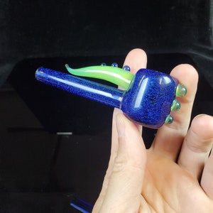 Dichro Dichroic Unique Heady Horned Glass Poker Pipe Blue Dichro Over Cobalt Blue with Green Slime Accents image 7