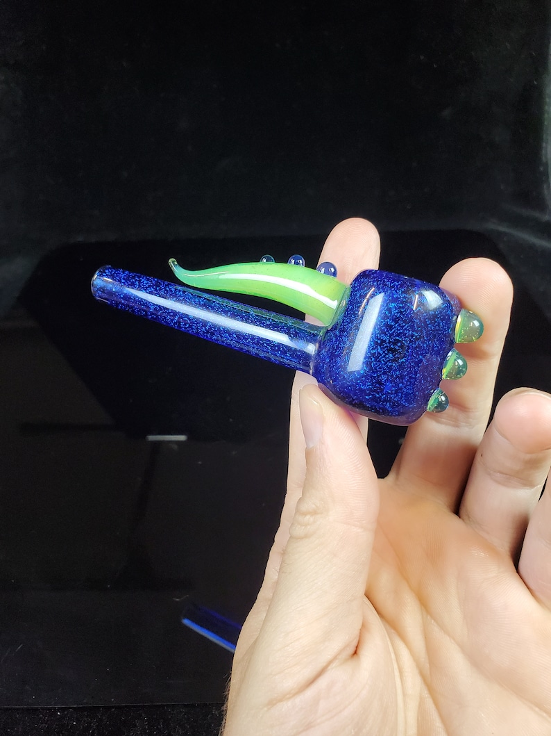 Dichro Dichroic Unique Heady Horned Glass Poker Pipe Blue Dichro Over Cobalt Blue with Green Slime Accents image 7