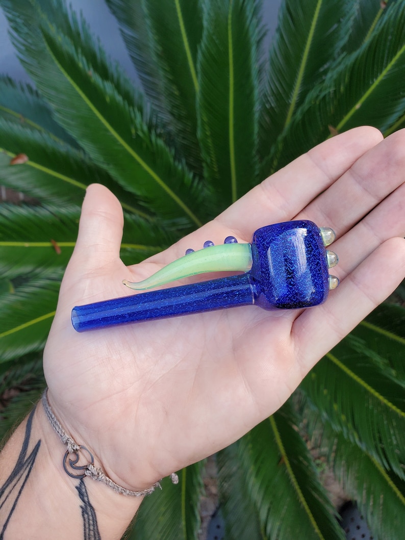 Dichro Dichroic Unique Heady Horned Glass Poker Pipe Blue Dichro Over Cobalt Blue with Green Slime Accents image 1